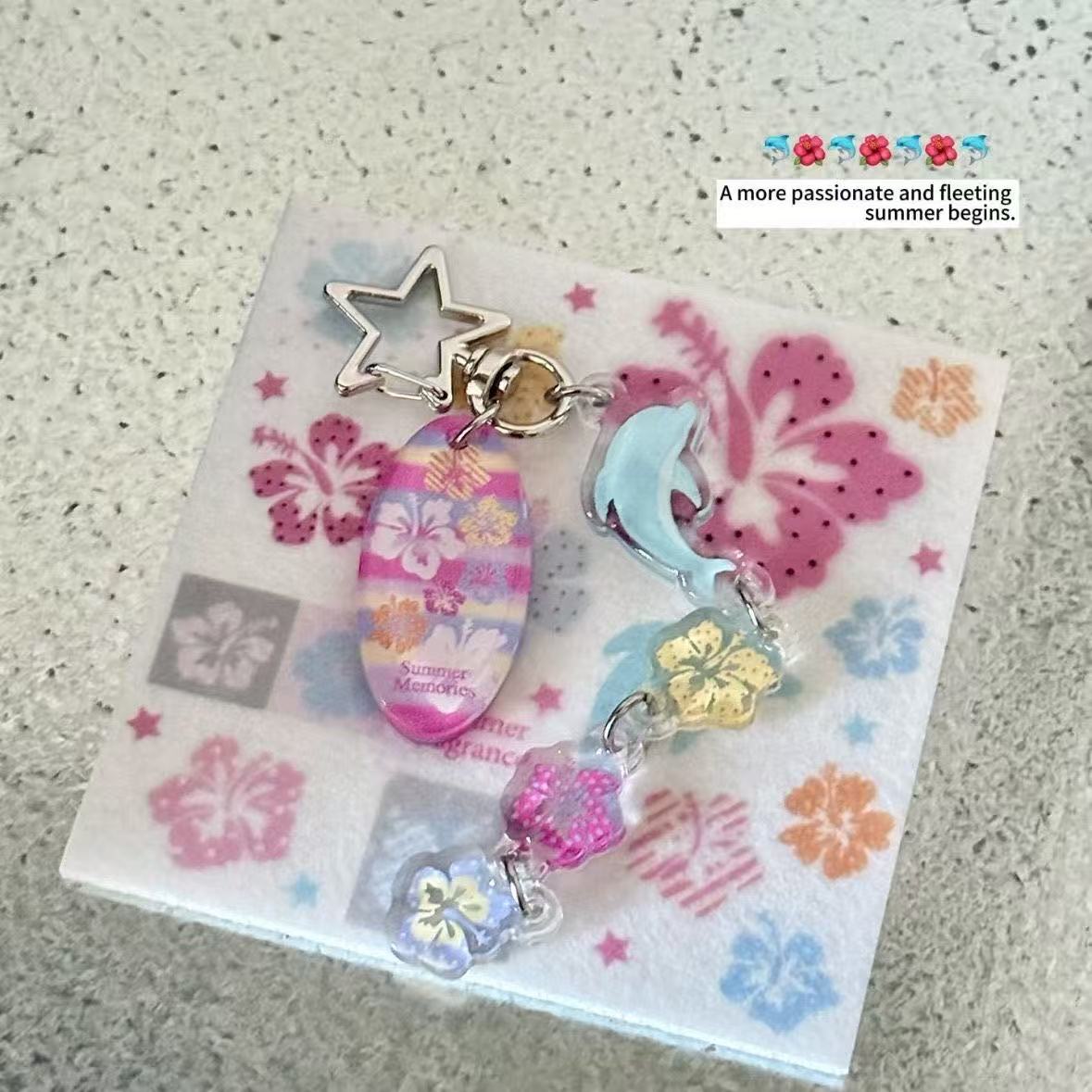 Tech Girl Accessories - Summer Hawaiian Dolphin Hibiscus Keychain Pastel